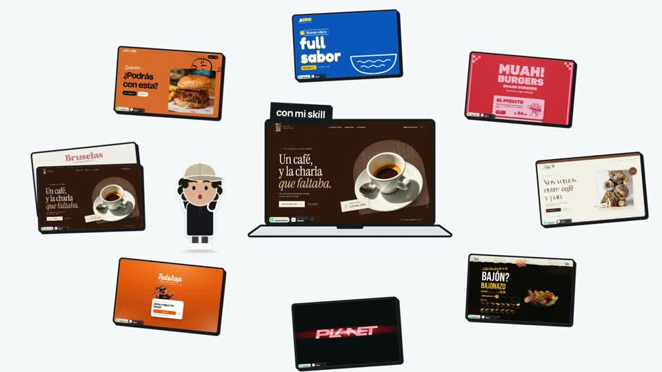 Cuadro de la v3 del reel: el personaje entre webs reales del Día X